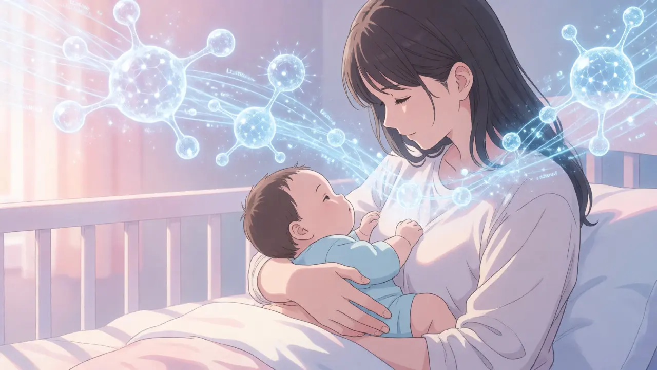 Mother breastfeeding with a holographic medical data overlay protecting her