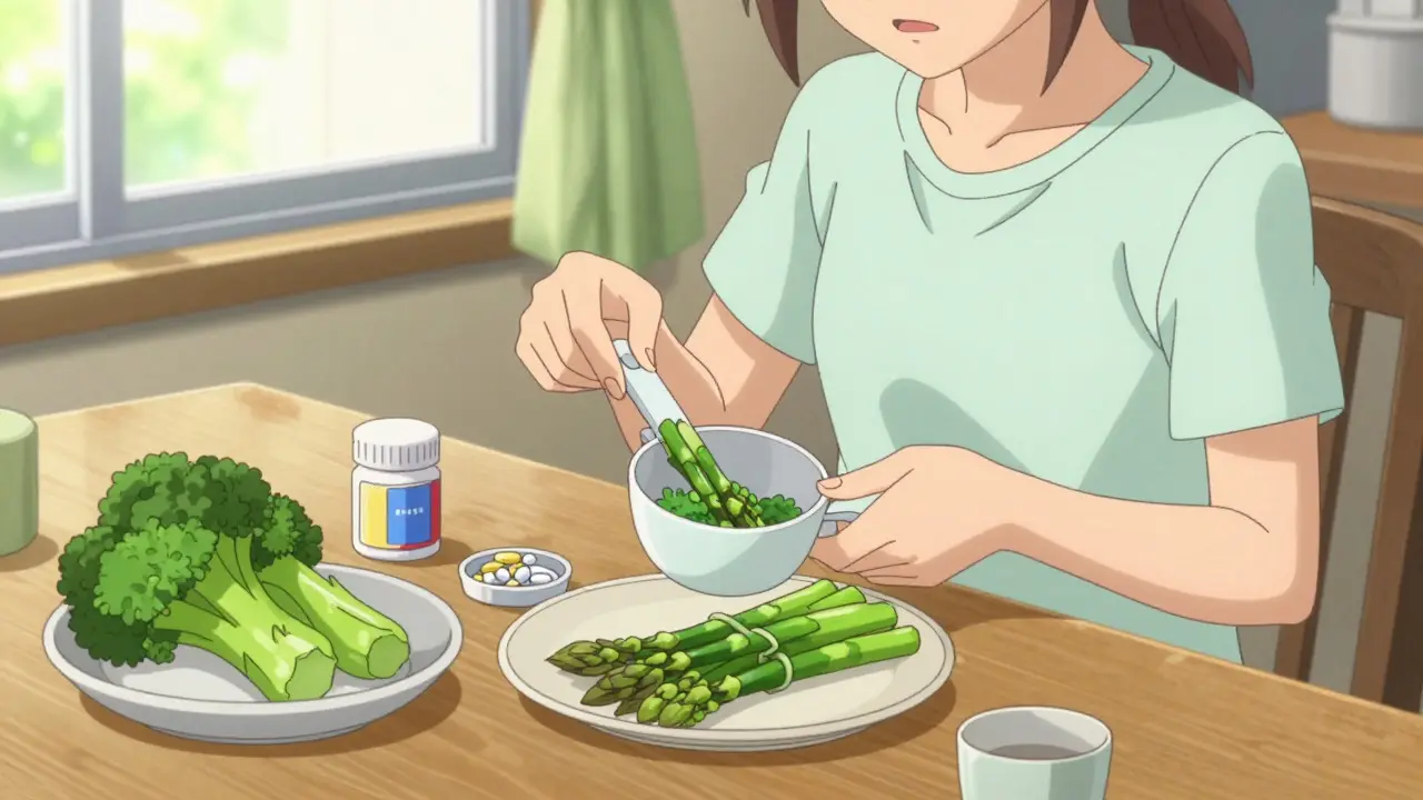 Person carefully measuring vegetables for consistent vitamin K intake