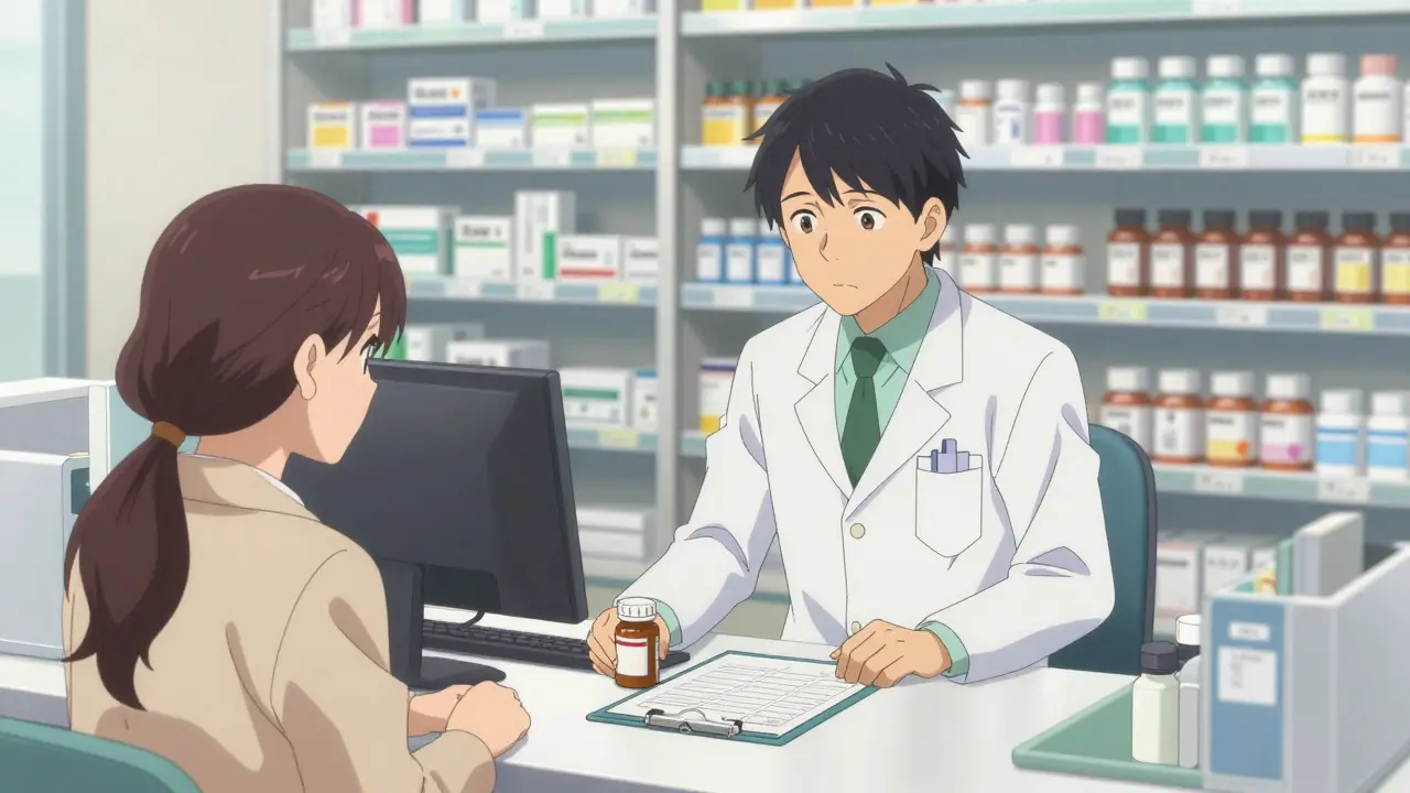Pharmacist advising patient at counter with medicine bottle
