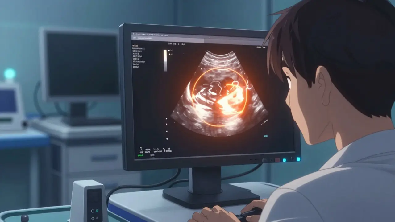 Radiologist analyzing an ultrasound image showing a detected liver tumor anomaly