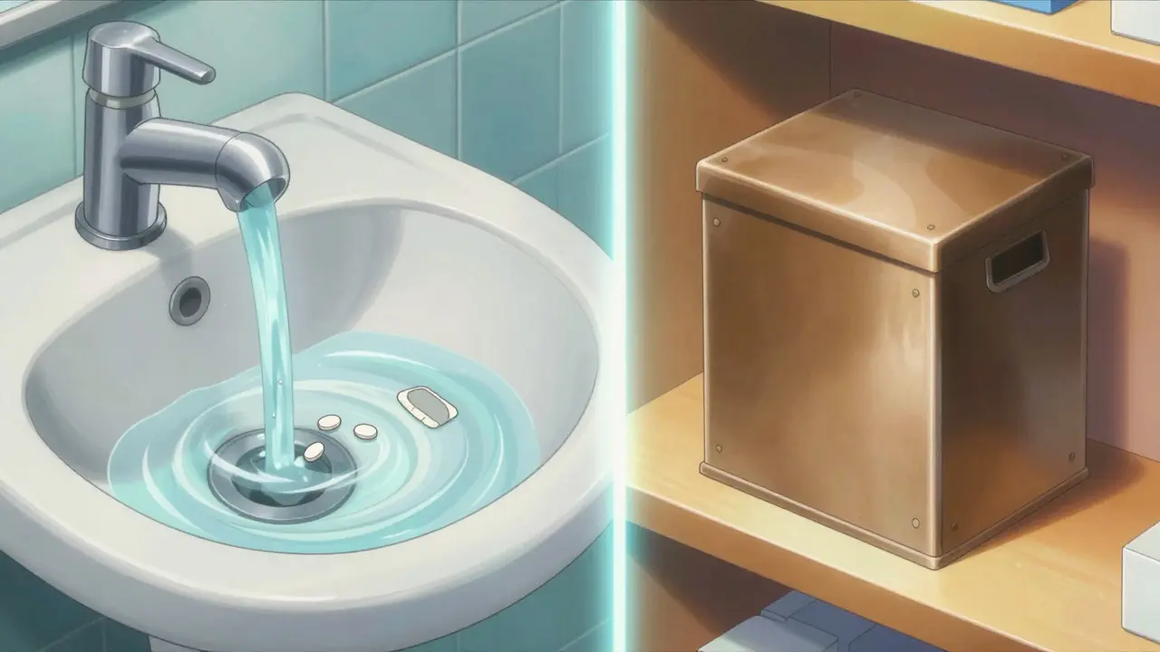 Split view showing pills flushing down a sink versus being placed in a secure pharmacy take-back box.