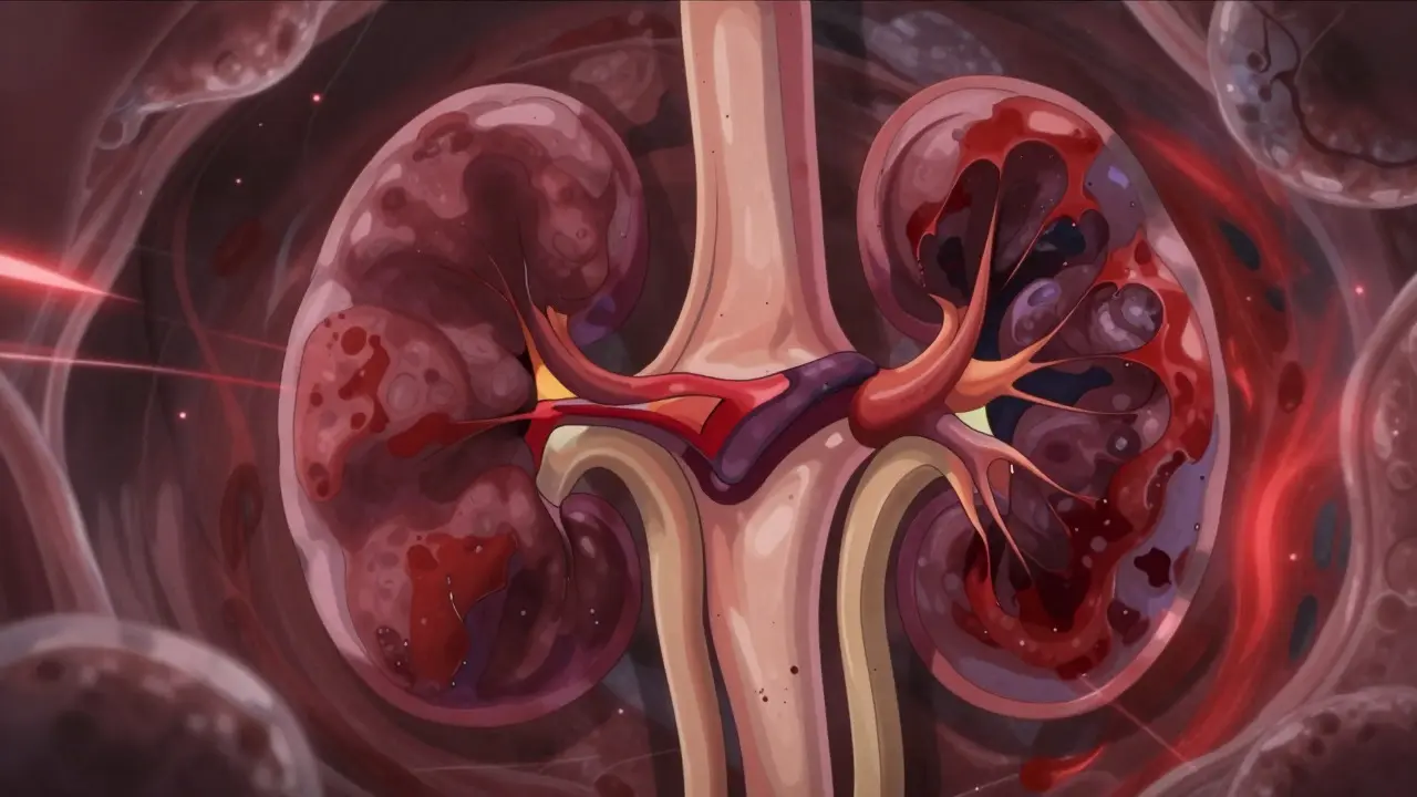 Stylized microscopic view of kidney damage in anime style