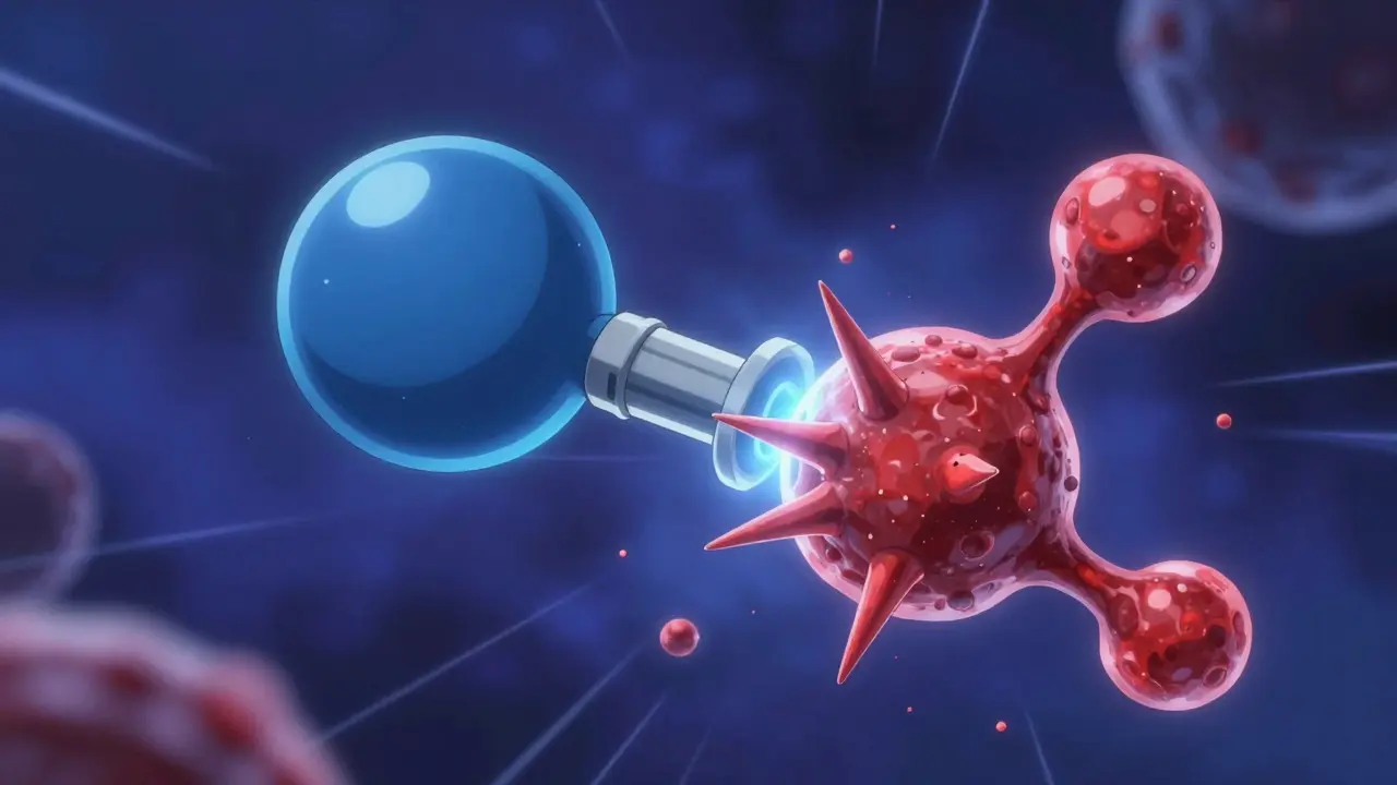 Stylized molecule blocking histamine receptor in dark blue void