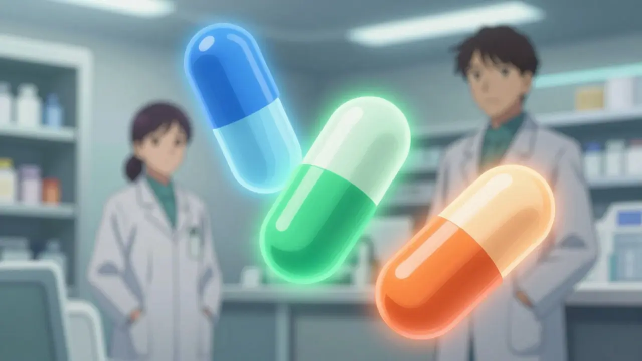 Three glowing allergy pills floating in a serene pharmacy