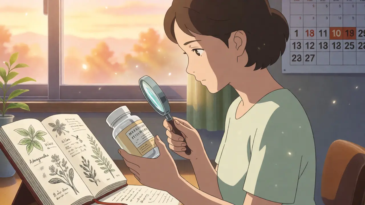 Anime woman carefully checking supplement labels in a sunlit room for safety.