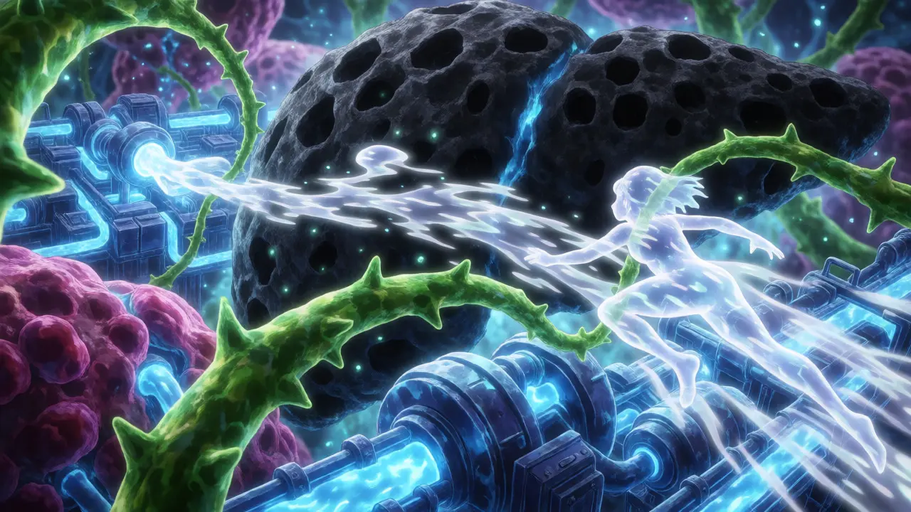 Microscopic anime view of liver enzymes interacting with hormones and herbal compounds.